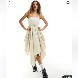 COLLUSION cotton utility babydoll midi dress with handkerchief hem in stone